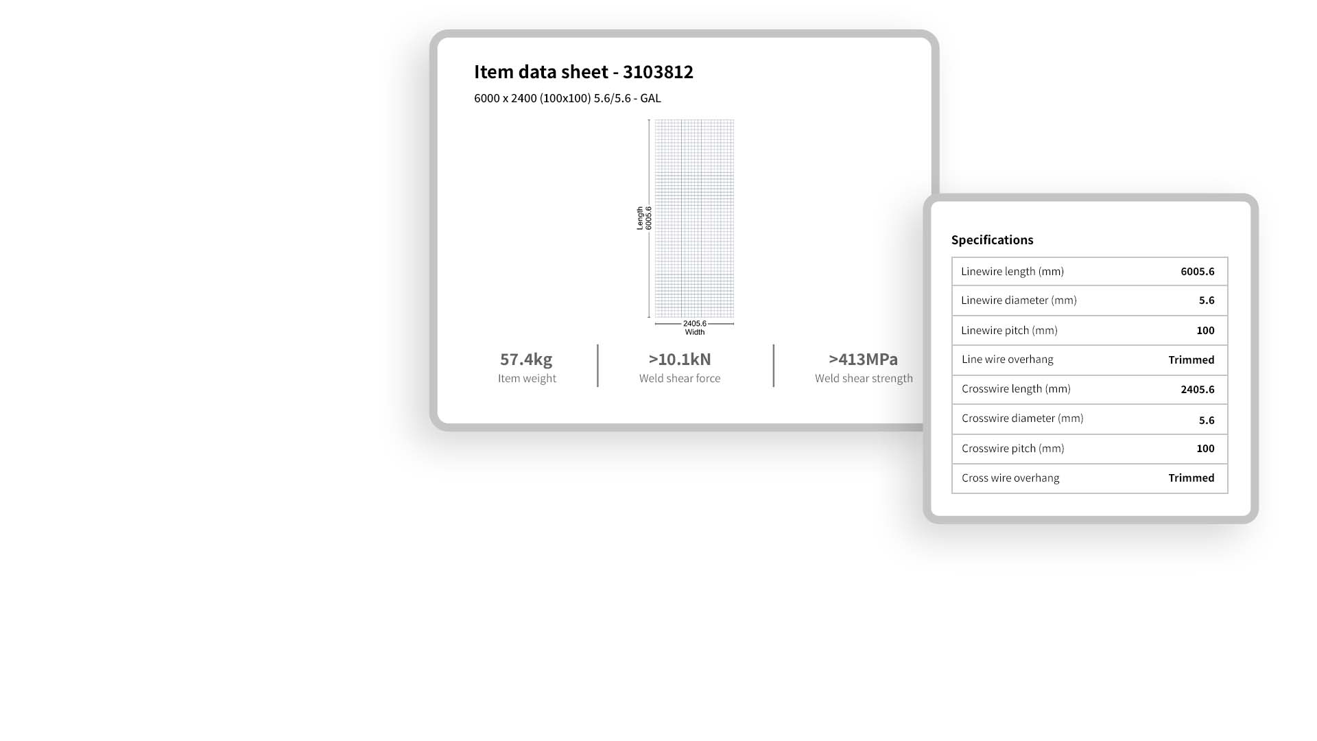 Item data sheet for every pre-galvanised mesh panel configuration